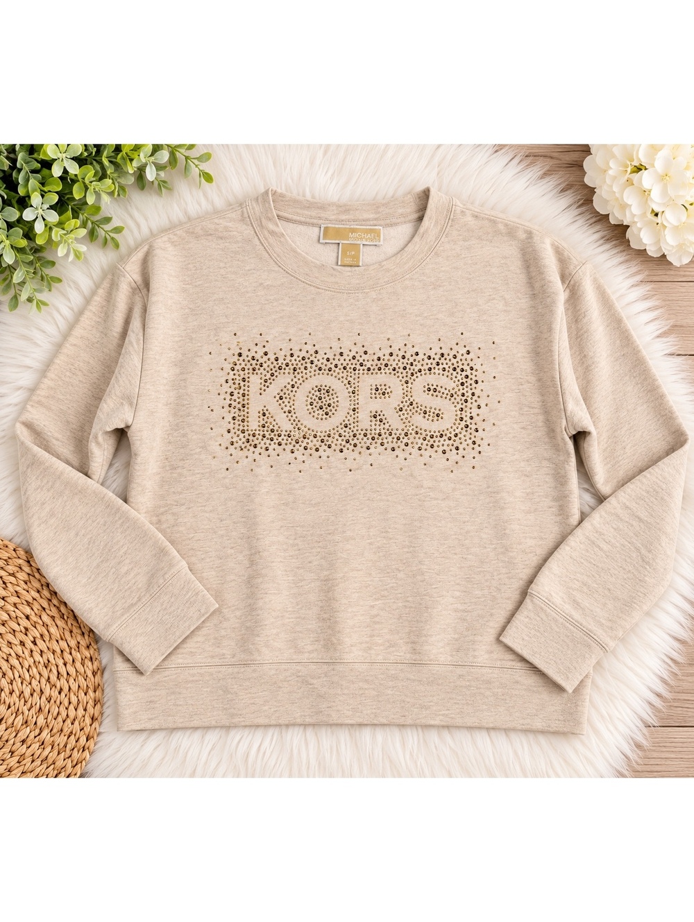 Michael Kors Women's Beige Embellished Logo Sweatshirt Size S/P